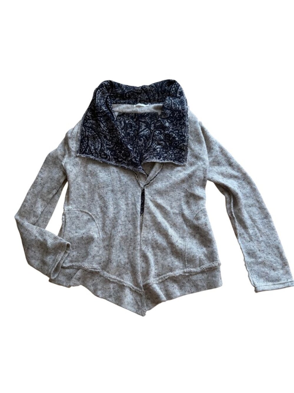 Hazel Women's Knit Cardigan L Beige Paisley Floral Contrast Shawl Collar Slouchy